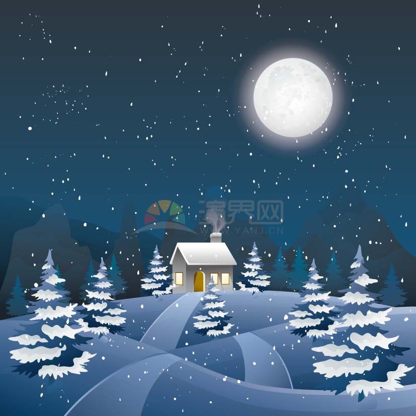 卡通唯美冬季夜晚下雪村庄小屋插画
