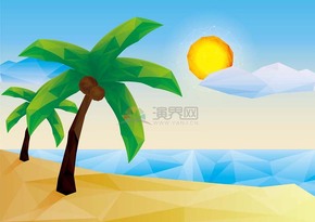 卡通创意立体2.5D风海边沙滩椰树太阳白云插图
