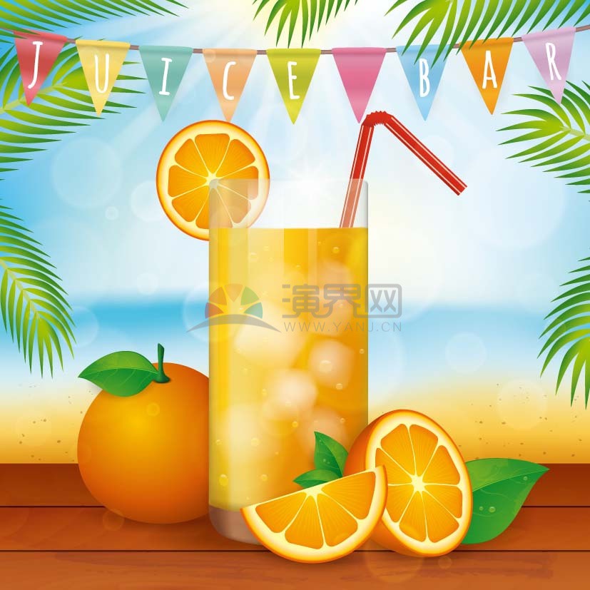 卡通精美實物風(fēng)夏季海邊飲料橙汁橙子插畫