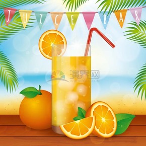 卡通精美實物風夏季海邊飲料橙汁橙子插畫