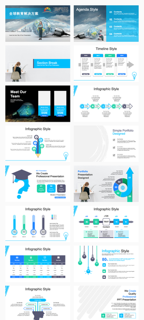 藍色全球教育解決方案PPT模板