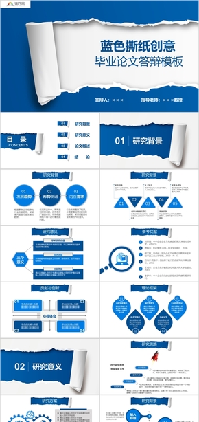 藍色撕紙創(chuàng)意畢業(yè)論文PPT模板