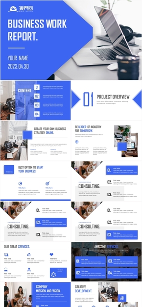  55 pages of blue high-end business PPT template | English simple atmosphere business project report work plan summary enterprise outlook