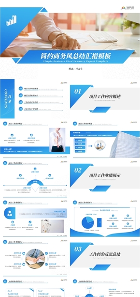 藍色商務簡約大氣精美年終總結工作匯報計劃ppt模板
