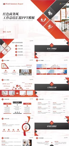 紅色商務風簡約大氣年終總結工作匯報計劃ppt模板