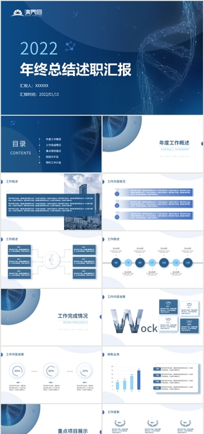 生物醫(yī)學藍色年終匯報總結(jié)PPT模板