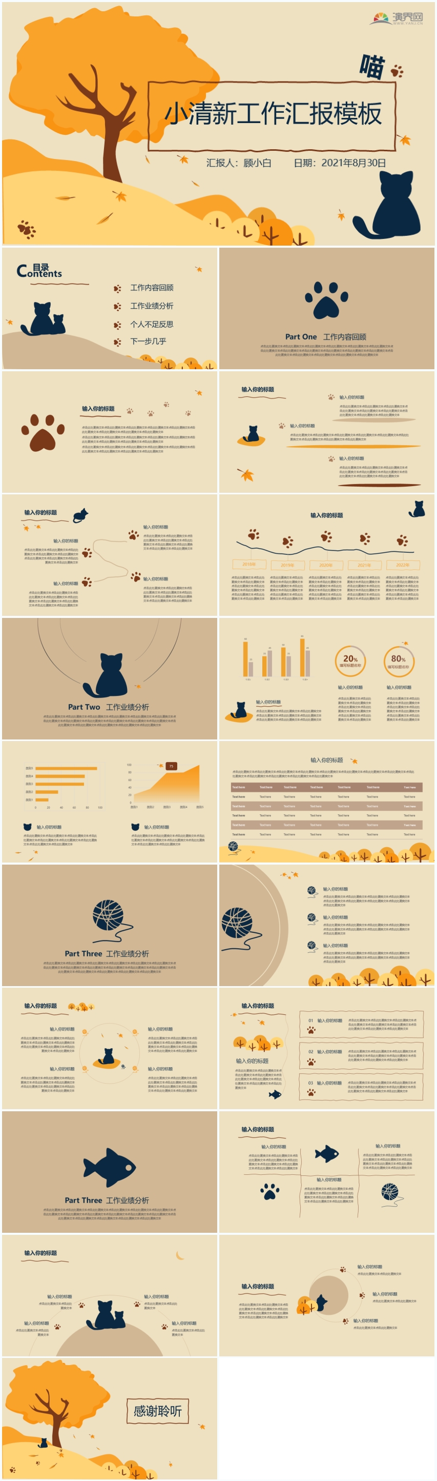 橙黃色貓咪工作總結(jié)匯報PPT模板