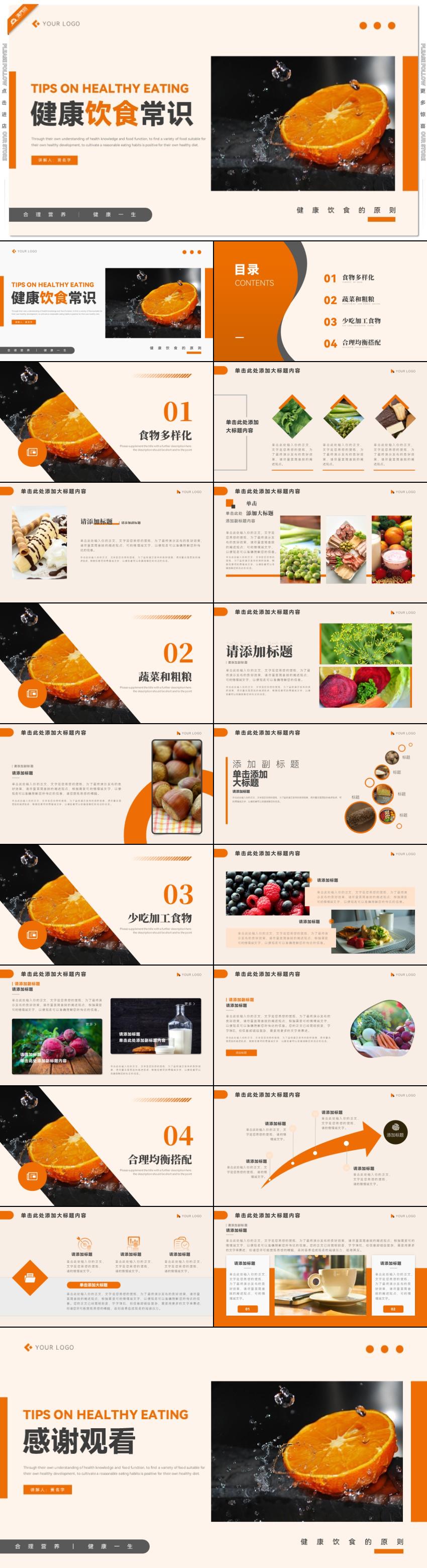 橙色均衡营养健康饮食常识PPT模板