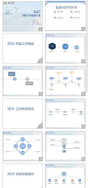 小清新藍色淡雅年度工作總結匯報PPT通用模板