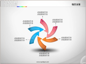 六項三色風車式箭頭綜合關系PPT圖表