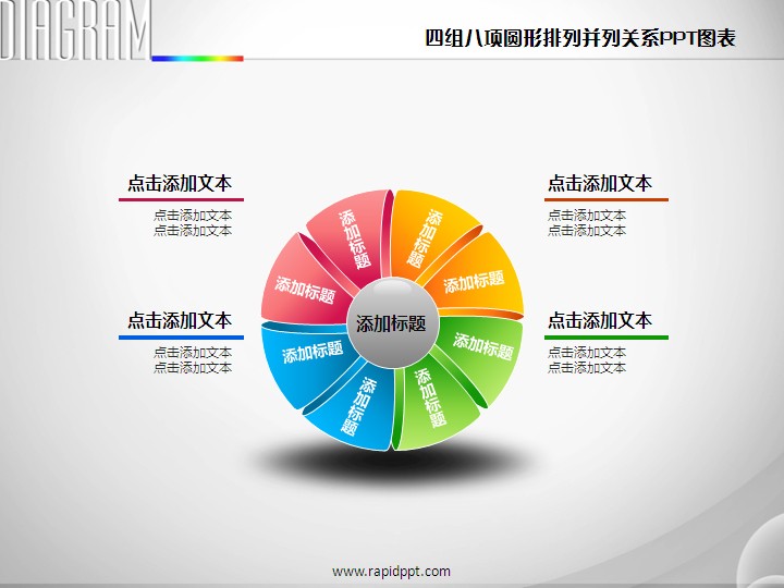 四组八项立体绣球圆形并列关系ppt图表