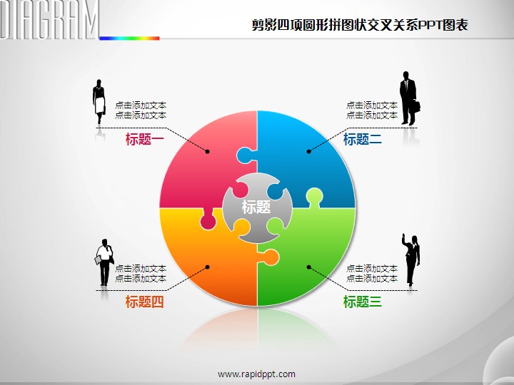 剪影四项圆形拼图状交叉关系ppt图表