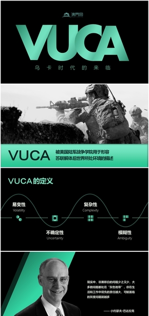 VUCA時代主題，包含與VUCA概念相關(guān)的內(nèi)容，無需編輯可直接使用，也可自行編輯，綠色商務(wù)PPT模板