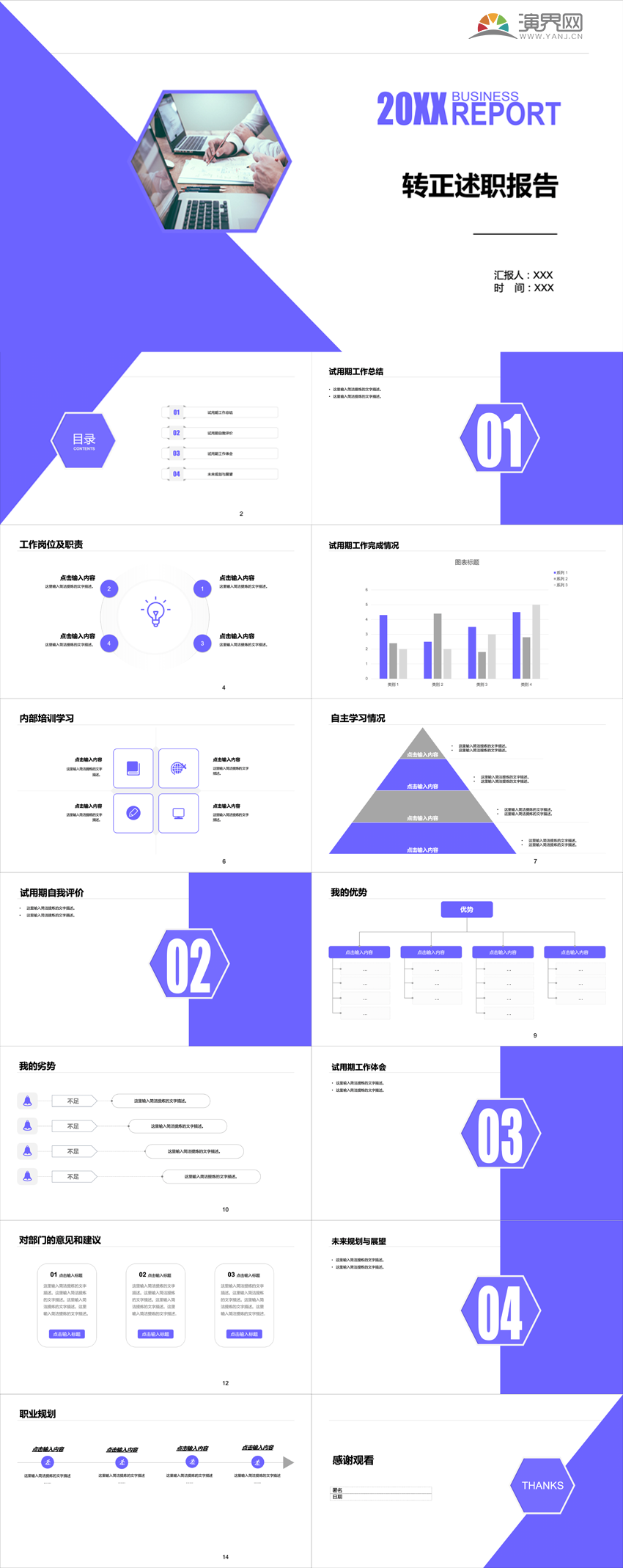 紫色簡約扁平化轉(zhuǎn)正述職報告PPT模板