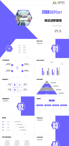 紫色簡約扁平化轉(zhuǎn)正述職報告PPT模板