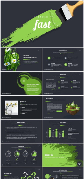 綠色藝術筆刷清新個性PPT模板