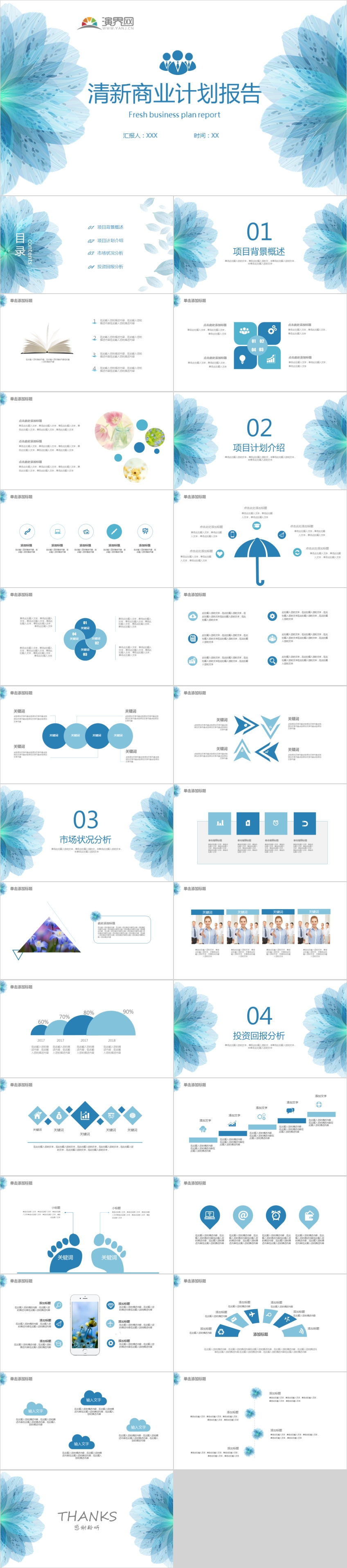 11藍(lán)色花朵清新簡潔商業(yè)計劃書報告項目介紹PPT模板