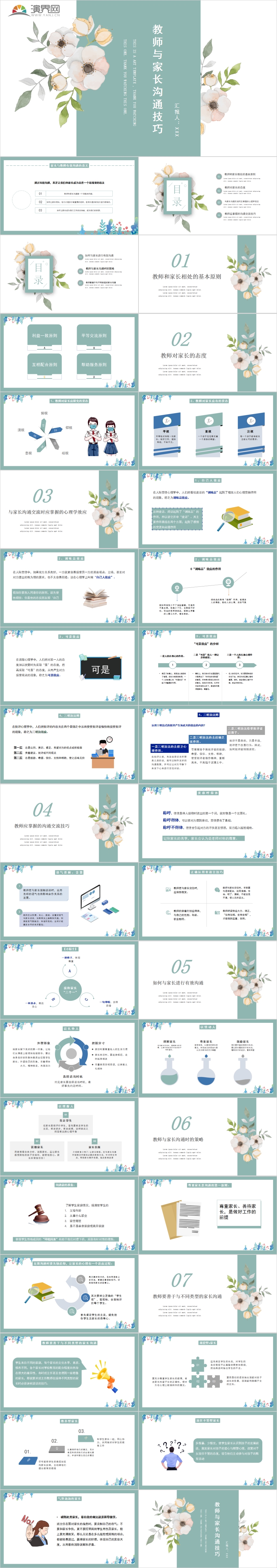 青 白 簡約花卉風(fēng)教師與家長溝通技巧PPT模板