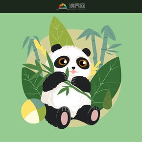 卡通熊猫国家保护动物竹子植物皮球插画
