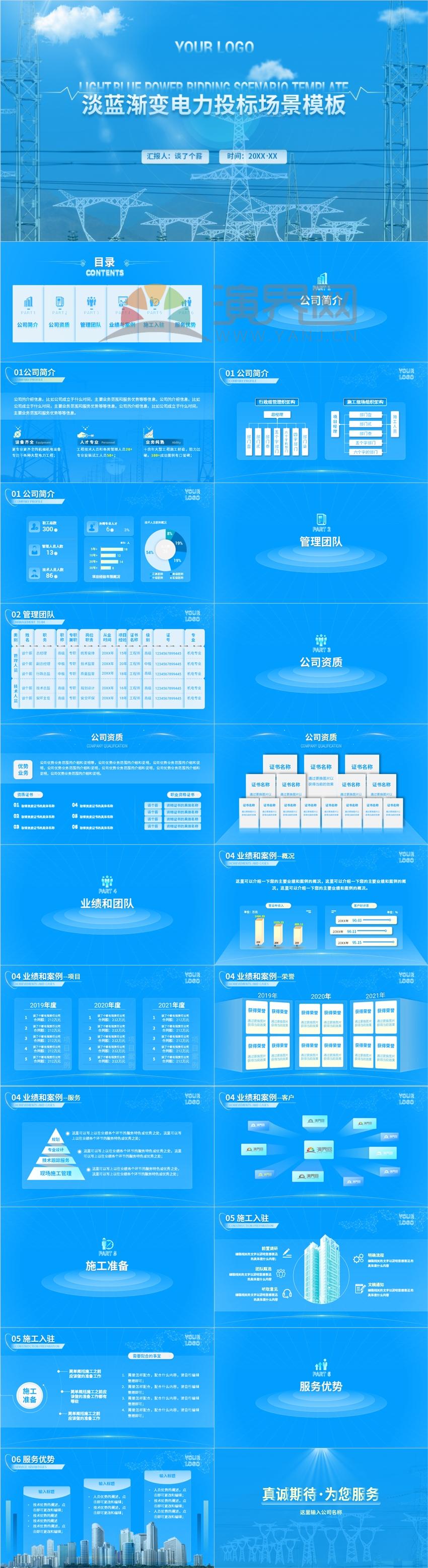 清新藍(lán)微立體電力公司介紹PPT模板