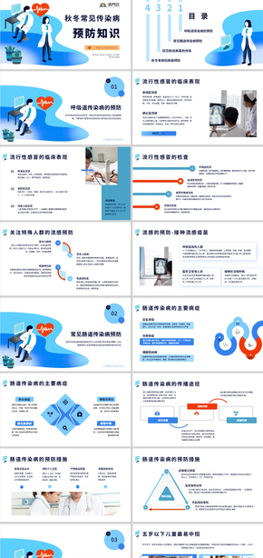 藍色插畫風秋冬季常見傳染病預防知識PPT模板