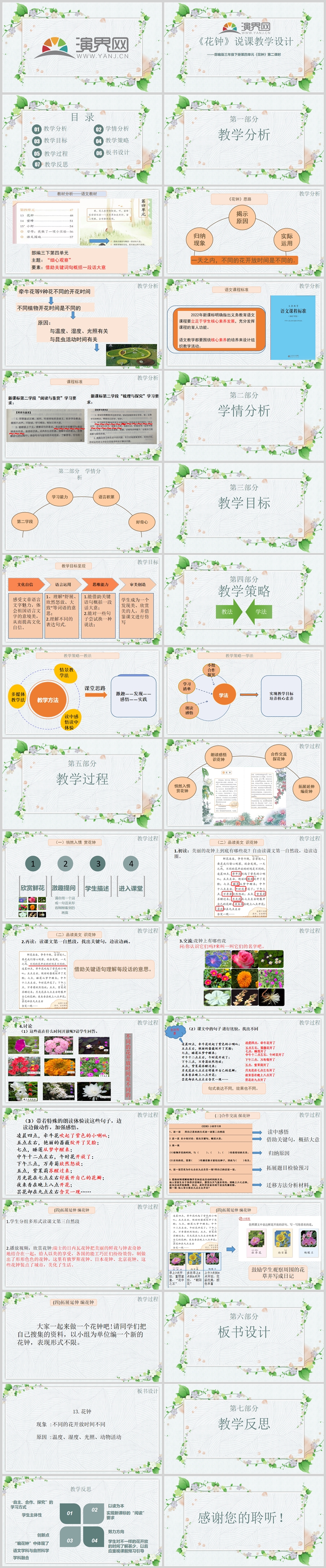 綠色清新語文三年級(jí)下冊(cè)花鐘第二課時(shí)說課PPT模板