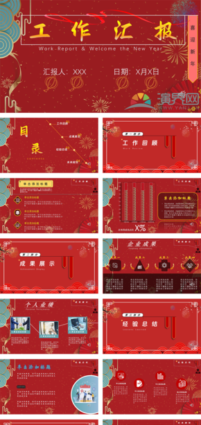 紅色中國風工作總結喜迎新年PPT模板