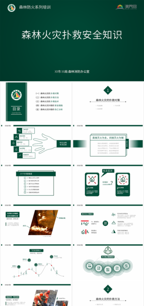 綠色扁平森林防火森林火災撲救安全知識消防培訓PPT