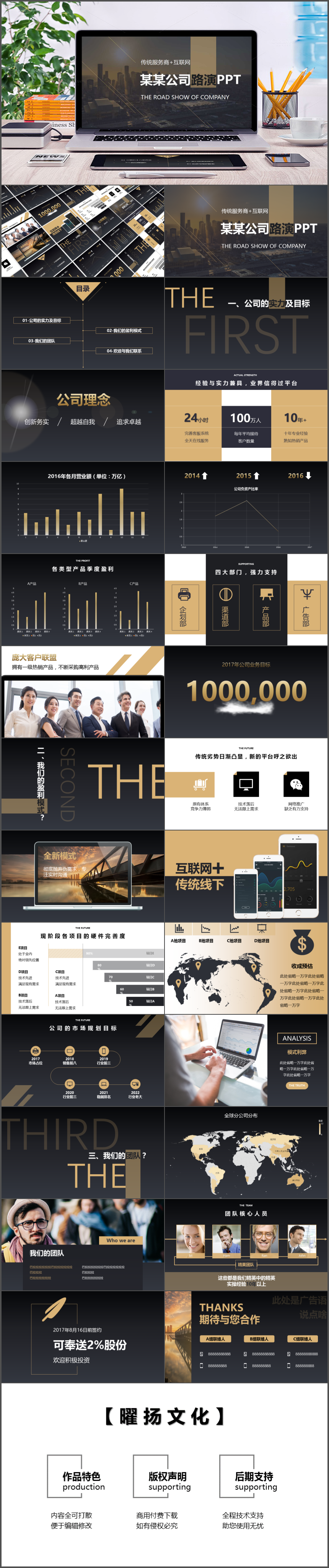 【曜揚文化】商業(yè)路演計劃 藍(lán)灰金三色高端演示PPT
