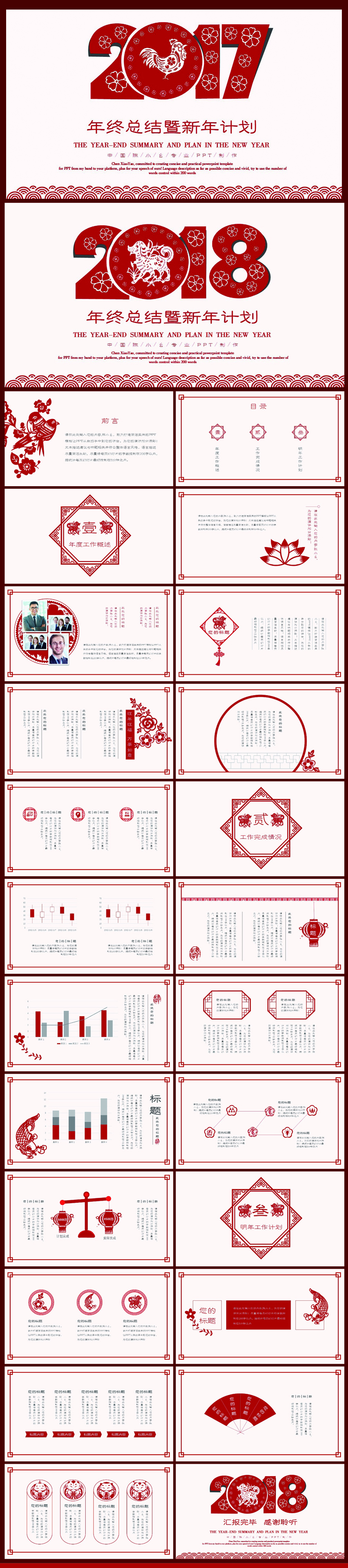 2017雞年中國(guó)風(fēng)創(chuàng)意剪紙紅色年終總結(jié)PPT模板