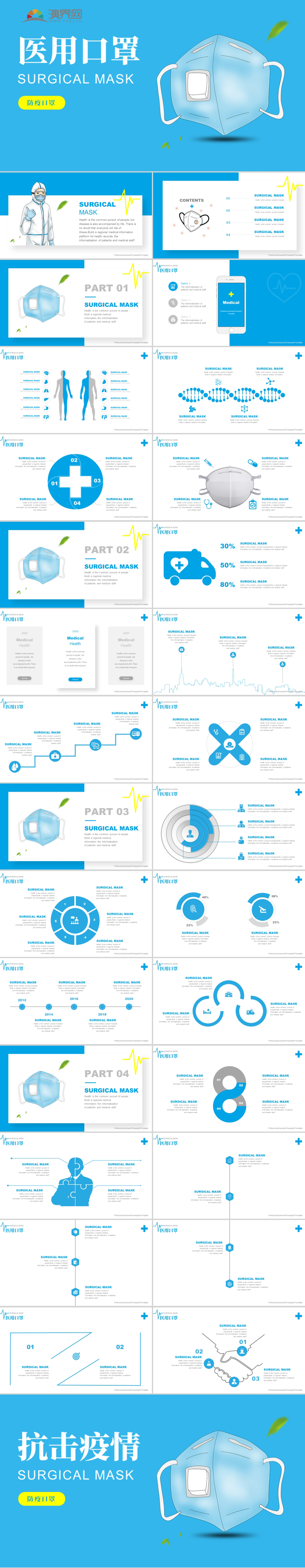【医疗机构ppt模板】蓝色医用防疫口罩n95一次性口罩.
