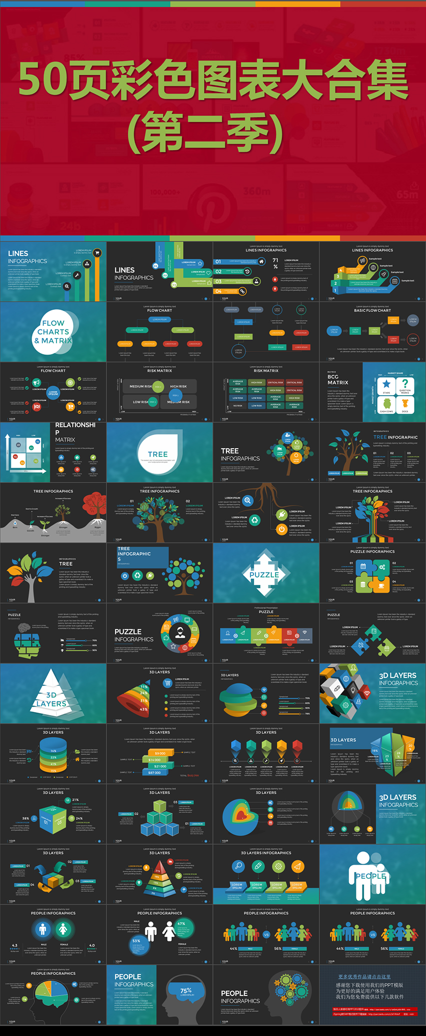 50頁彩色扁平化數(shù)據(jù)圖表合集PPT模版第二季