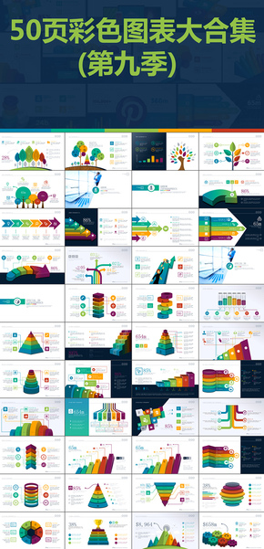 50頁(yè)彩色扁平化數(shù)據(jù)圖表圖標(biāo)合集PPT模版第九季