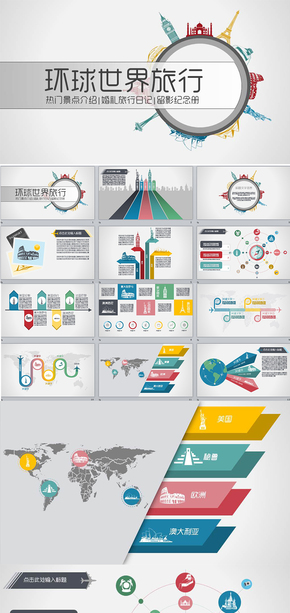 環(huán)游世界旅行日記紀念冊電子相冊動態(tài)PPT模版