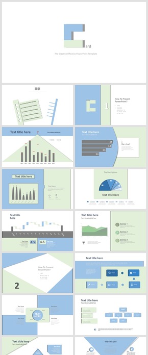 創(chuàng)意卡片風(fēng)淡藍綠搭配商務(wù)匯報總結(jié)PPT模板