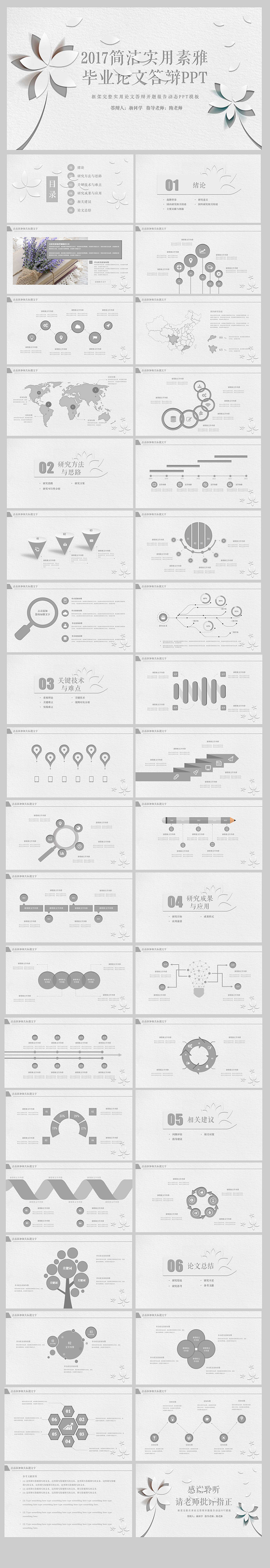 2017簡潔實用素雅花瓣畢業(yè)論文答辯PPT