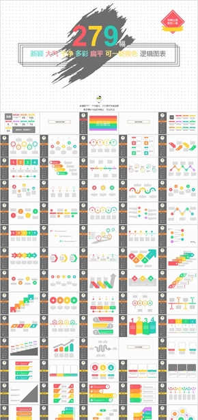 279幅新穎、大氣、干凈、多彩、扁平、可一鍵換色邏輯圖表合集（附贈(zèng)主題配色84套 ）