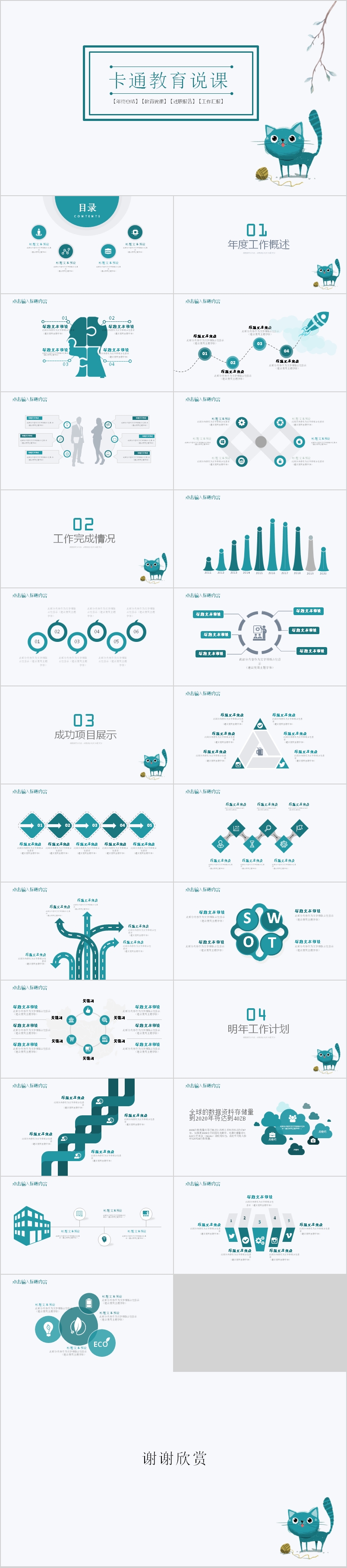 綠色小清新卡通貓咪教育說課教學(xué)培訓(xùn)課件PPT模板