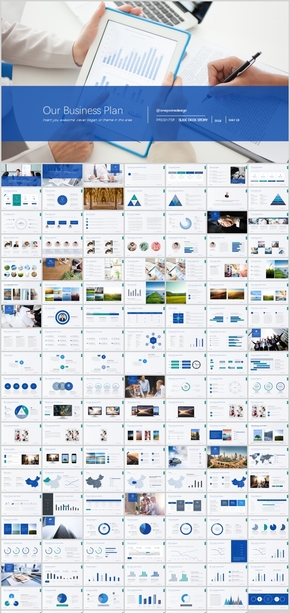 藍色商務簡潔工作總結(jié)商務計劃140頁帶可編輯圖表