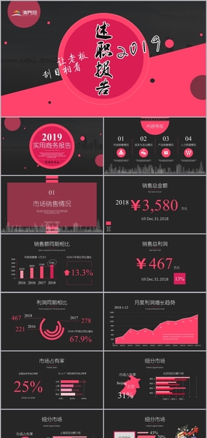 2019極簡玫瑰紅黑底商務總結(jié)述職報告模板