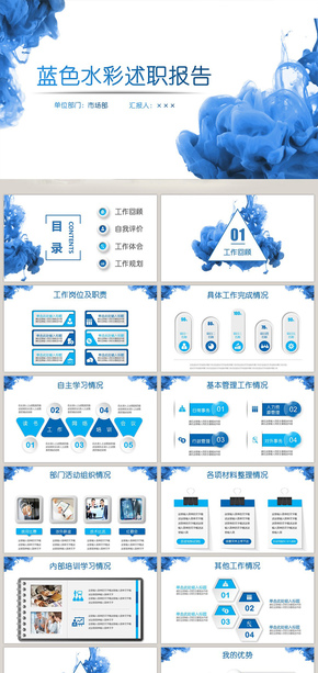 藍色水墨清新立體工作述職報告總結PPT